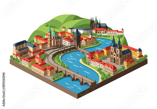 Isometric 3D view illustration of a Prague-inspired riverside town with rolling hills, river bends, red rooftops, stone streets, and peaceful historic scenery