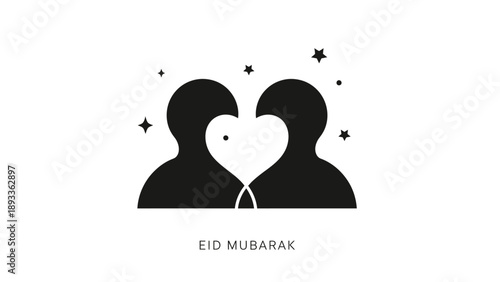 This charming Eid-themed illustration shows two human silhouettes forming a heart shape, symbolizing love, unity, and emotional togetherness. The simple yet meaningful design reflects compassion, harm