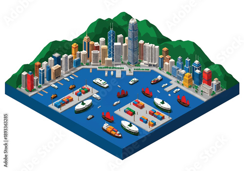 Isometric 3D view illustration of a Hong Kong-inspired harbor landscape with dense skyline, surrounding mountains, water channels, docks, and ferry routes