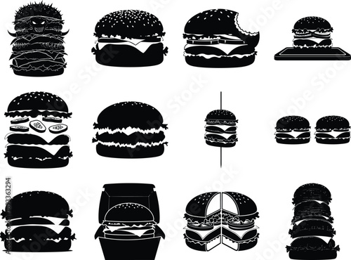 Collection of black hamburger silhouettes and burger box on white background Keywords: hamburger