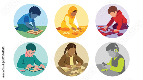 Diverse Children Solving Puzzles: Illustrations of Kids Playing & Learning, Early Childhood Development