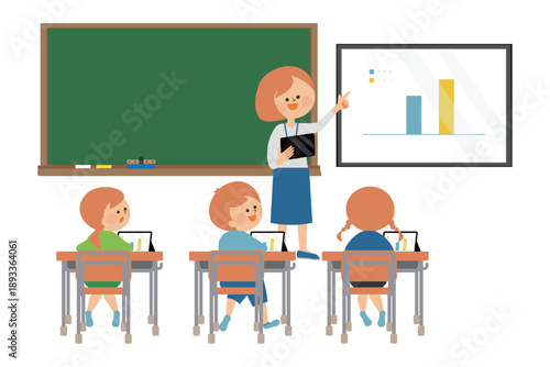 教室でタブレットを使用した授業を受ける生徒　イラスト素材