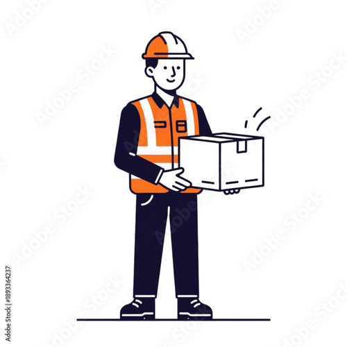 A friendly delivery worker in safety gear carefully carries a box, conveying a sense of reliability and professionalism in logistics and delivery services. The worker's uniform and hard hat emphasize 