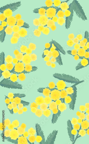 手描きのミモザパターン背景_緑背景_縦