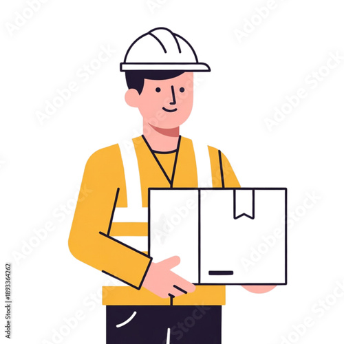 A friendly delivery worker in safety gear carefully carries a box, conveying a sense of reliability and professionalism in logistics and delivery services. The worker's uniform and hard hat emphasize 