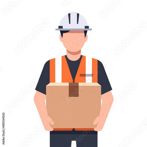 A friendly delivery worker in safety gear carefully carries a box, conveying a sense of reliability and professionalism in logistics and delivery services. The worker's uniform and hard hat emphasize 