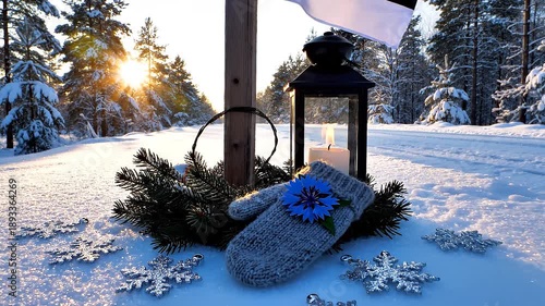 Estonia flag and knitted mitten in snowy forest landscape at sunrise