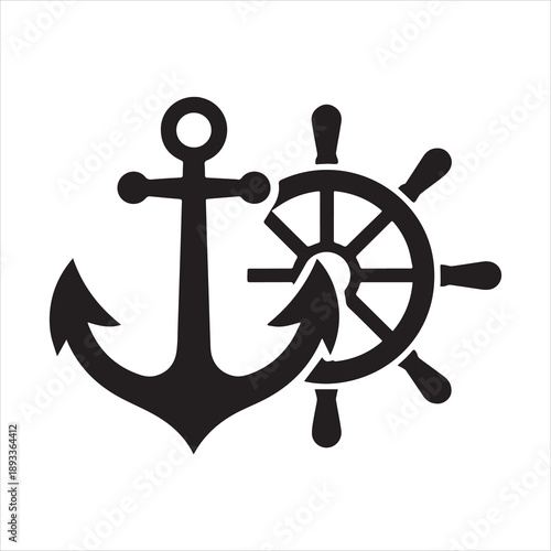 Classic nautical anchor and ship s wheel silhouette symbol