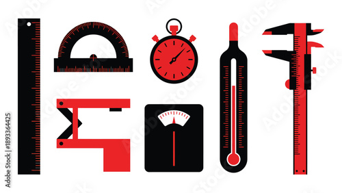 Graphic Set of Measuring Instruments: Ruler, Protractor, Stopwatch, Thermometer, Caliper, Scale. Essential Tools for Science & Engineering.