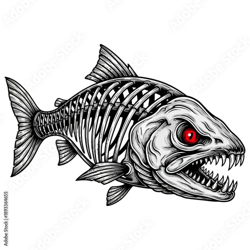 Salmon skeleton monster with glowing red eyes aggressive fish illustration