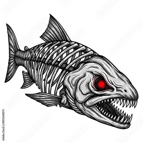 Salmon skeleton monster with glowing red eyes aggressive fish illustration