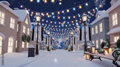 Snowy European street decorated with colorful lights and lanterns at night