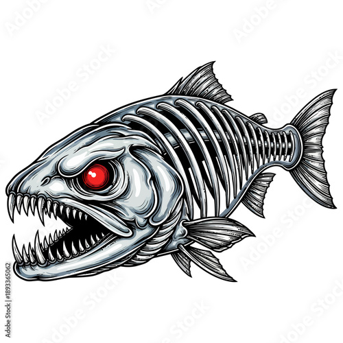 Salmon skeleton monster with glowing red eyes aggressive fish illustration
