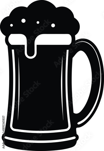 Black silhouette of an ale mug with foam and bubbles on a white background