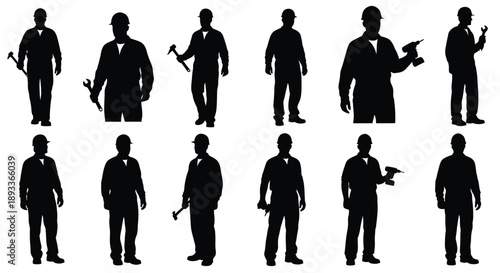 Silhouettes of various construction workers and professionals in full body
