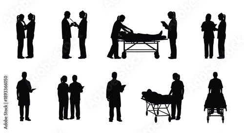 Silhouettes of medical personnel assisting patients in various scenarios