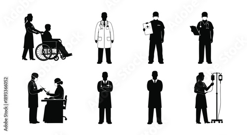 Black silhouettes of healthcare professionals and patients in various settings