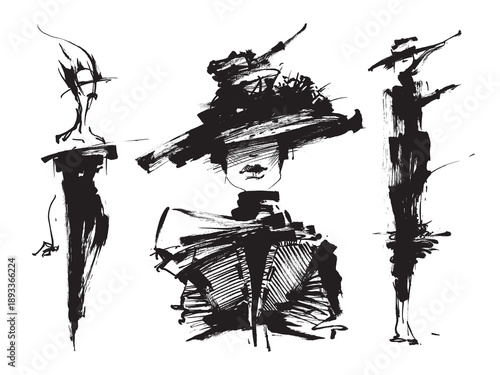Dynamic Ink Brushstroke Fashion Figures
