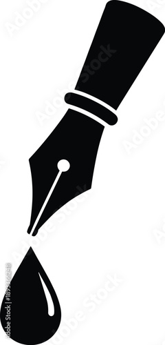 Minimal vector silhouette, vintage fountain pen nib with ink drop, solid black, bold clean shapes, smooth curves, flat design, isolated on a white background