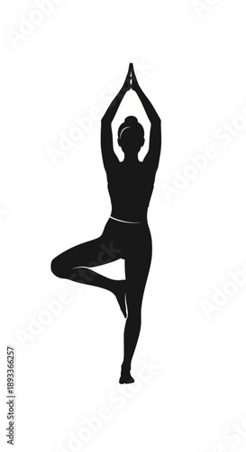 Silhouette of a woman performing a yoga tree pose against a white background