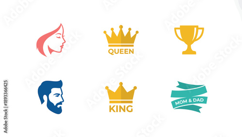 Vector icon set: male & female profiles, king & queen crowns, trophy, and 'Mom & Dad' banner. Family, royalty, and success concepts.