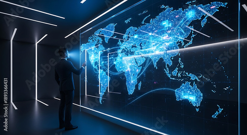 Professional Navigating Global Digital Network, International Business Strategy, Data Visualization, Market Analysis, Technology Leader