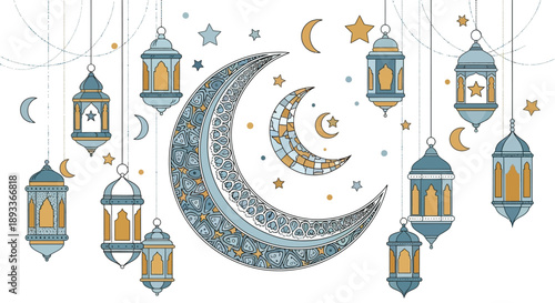 Decorative hanging oriental lanterns featuring crescent moons and stars create a festive atmosphere for islamic holiday celebrations