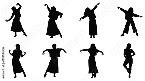 Set of graceful female silhouettes in traditional folk dance poses for cultural festival management and creative performing arts theater business branding.