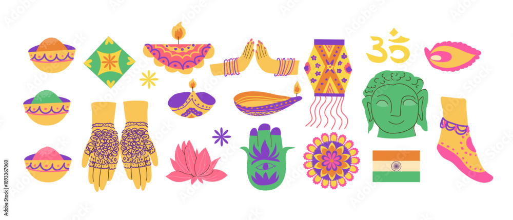 Naklejka premium Indian national and culture symbols set. Vector cartoon flat illustration isolated. Holi and diwali festivals, mehendi and meditation elements set. Colorful lanterns, religion symbols.