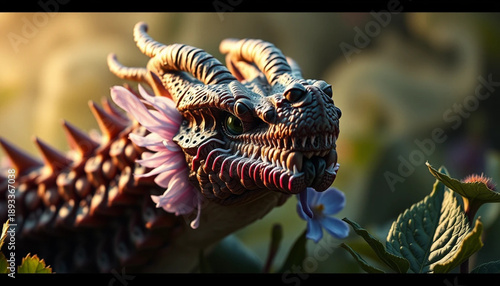 Dragon Sniffing Flower in Garden Fantasy Creature in Floral Setting