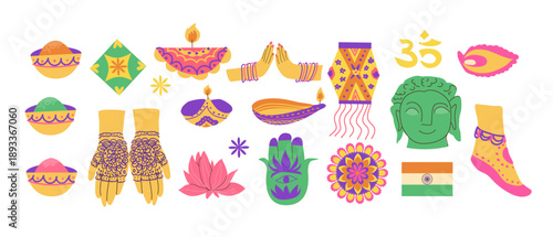 Indian national and culture symbols set. Vector cartoon flat illustration isolated. Holi and diwali festivals, mehendi and meditation elements set. Colorful lanterns, religion symbols.