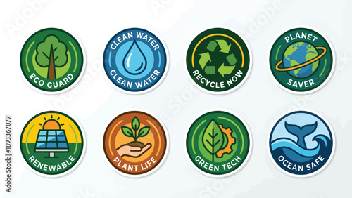 Eco-friendly Badges Collection. Sustainability, Clean Water, Recycle, Planet Saver, Renewable Energy, Plant Life, Green Tech, Ocean Safe Labels