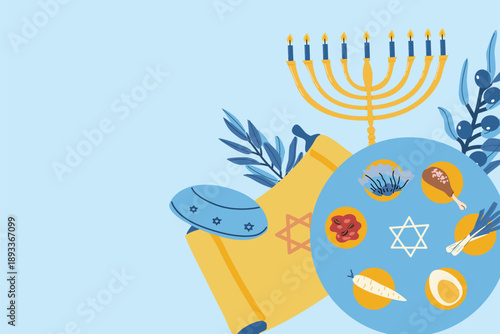 Passover greeting background with seder plate, menorah and olives, torus. Vector cartoon flat illustration with empty place for text. Happy Passover background.