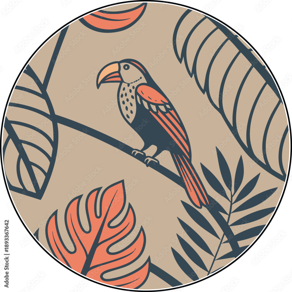 Fototapeta premium Toucan Perched on Branch with Tropical Leaves, Pattern, Flat Design, Stock Media