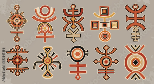 Abstract symbols and ritualistic design elements illustrating ancient cultures or mythical