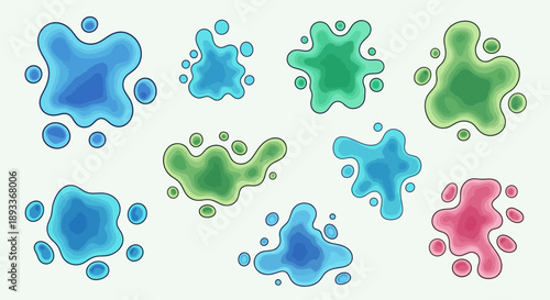 Vibrant assortment of cartoonish liquid shapes, a playful medley of colors and organic contours on