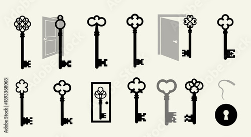 Intricate silhouettes of antique keys and doors unlocking possibilities and mysteries