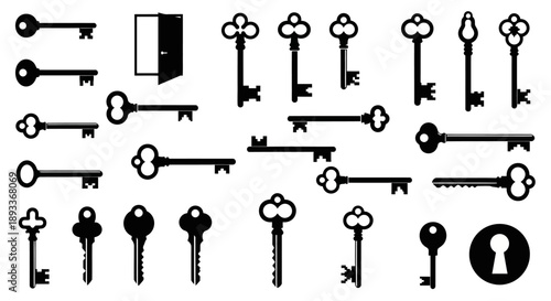 Assortment of vintage key silhouettes and an open door symbol offering access concept illustration