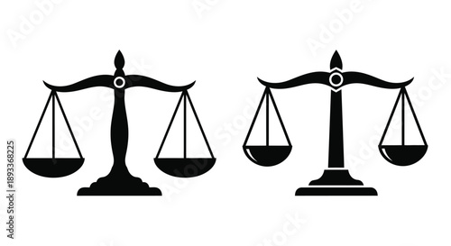 Black and white illustration depicting two sets of scales of justice