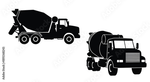 Two black silhouette illustrations of cement mixer trucks facing different directions

