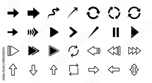Diverse array of black and white arrow vector icons for navigation and design purposes for direction