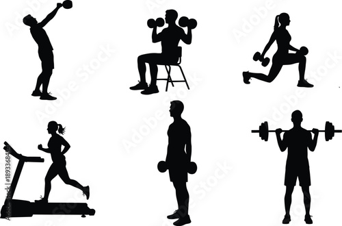 Silhouettes of people engaged in various fitness and exercise activities