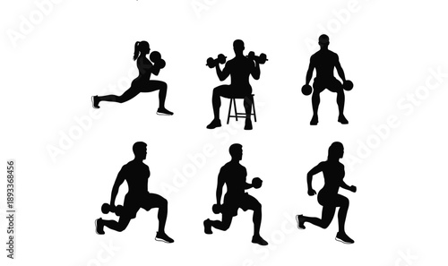 Silhouettes of people performing various fitness exercises indoors