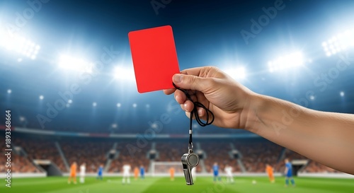 Referee holding a red card and whistle on a soccer field with stadium lights