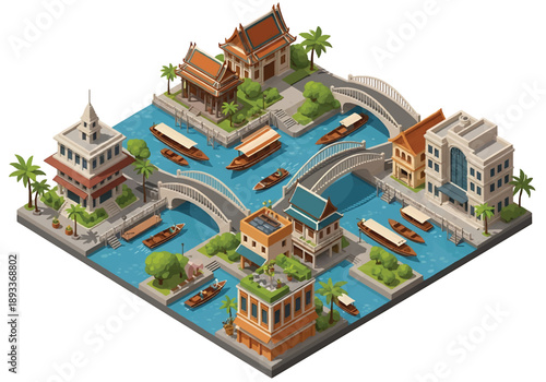 Isometric 3D view illustration of a Bangkok-inspired river city landscape with canals, boats, bridges, green areas, and mixed urban development