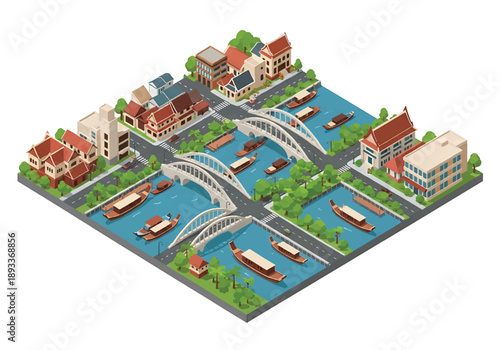 Isometric 3D view illustration of a Bangkok-inspired river city landscape with canals, boats, bridges, green areas, and mixed urban development