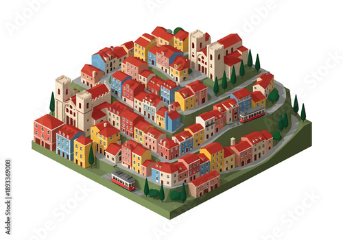 Isometric 3D view illustration of a Lisbon-inspired hillside cityscape with stair streets, tram, rooftops, river view, coastal background, and urban scenery