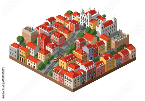 Isometric 3D view illustration of a Lisbon-inspired hillside cityscape with stair streets, tram, rooftops, river view, coastal background, and urban scenery