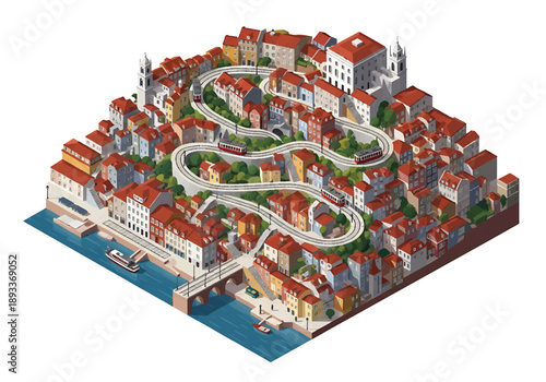 Isometric 3D view illustration of a Lisbon-inspired hillside cityscape with stair streets, tram, rooftops, river view, coastal background, and urban scenery