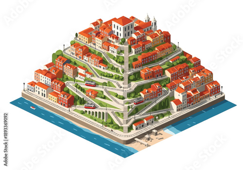 Isometric 3D view illustration of a Lisbon-inspired hillside cityscape with stair streets, tram, rooftops, river view, coastal background, and urban scenery